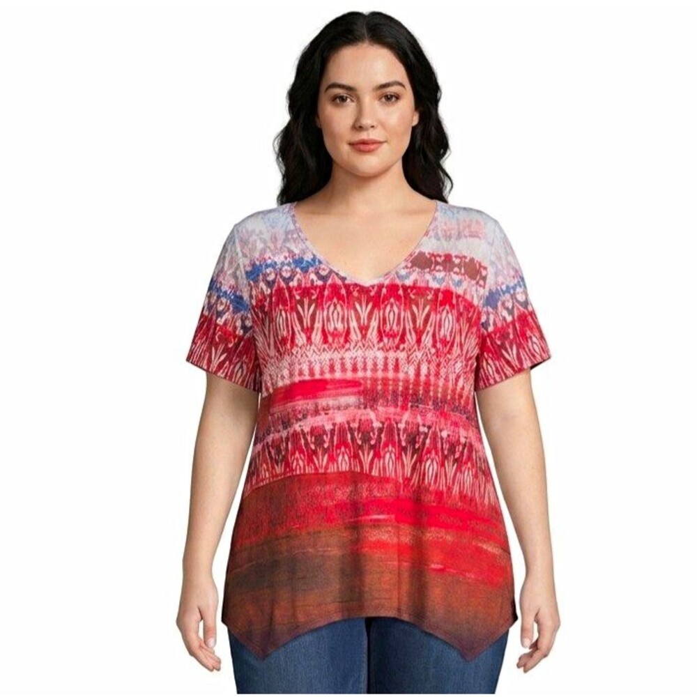 One World Womens 3X Top Abstract Red White stretch knit V-Neck SS Sharkbite Hem